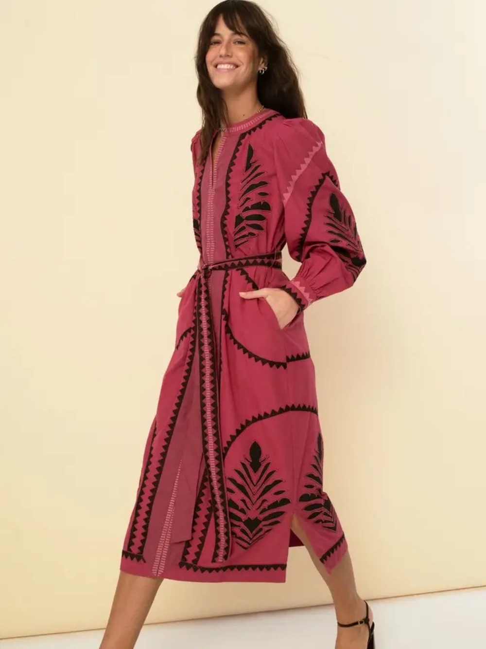 Sonmer Susan Dress Fucsia Midi Dress with Black Embroidered Motif and Tie Waist